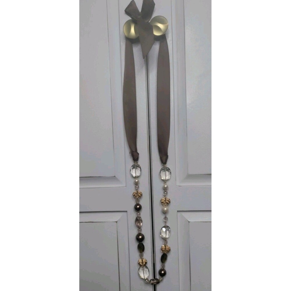 Stella & Dot Goldtone Faux Pearl Faceted Crystal Brown Ribbon Tie Necklace 18"